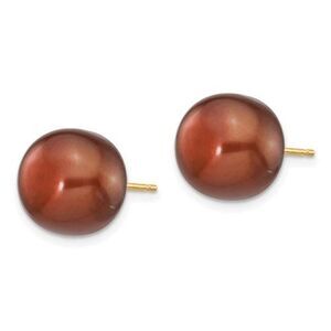 14k 11-12mm Coffee Button Freshwater Cultured Pearl Stud Post Earrings